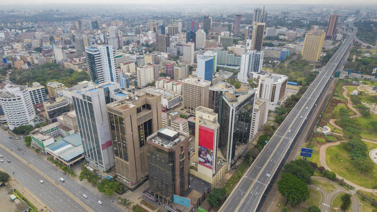 Aerial view of modern city skyline, Nairobi city, Africa. stock photo